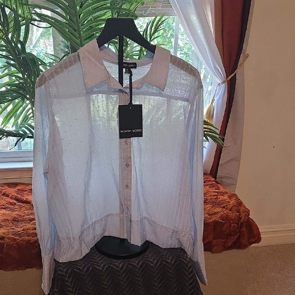 Modern Works Sheer Blue With   White Pin stripes  Studded Blouse.